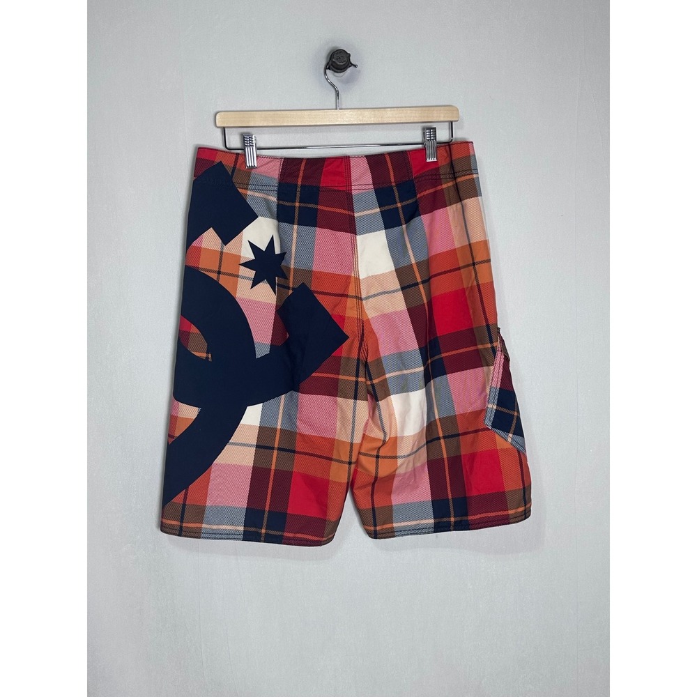 DC Shoes Mens Plaid Board Shorts Red Orange Navy Blue Cargo Swim Trunks Y2K 34